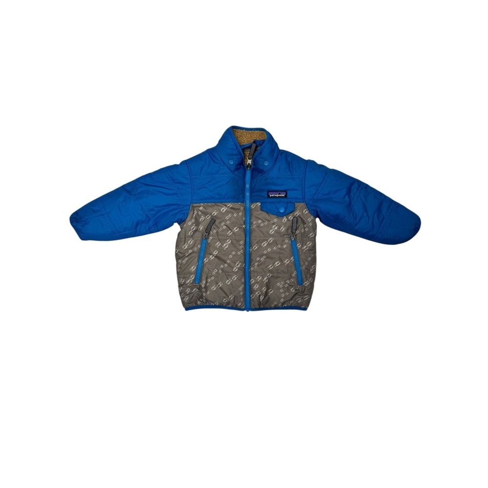 Patagonia Reversible Tribbles Hooded Jacket Blue Grey Tan Fleece Toddler 2T